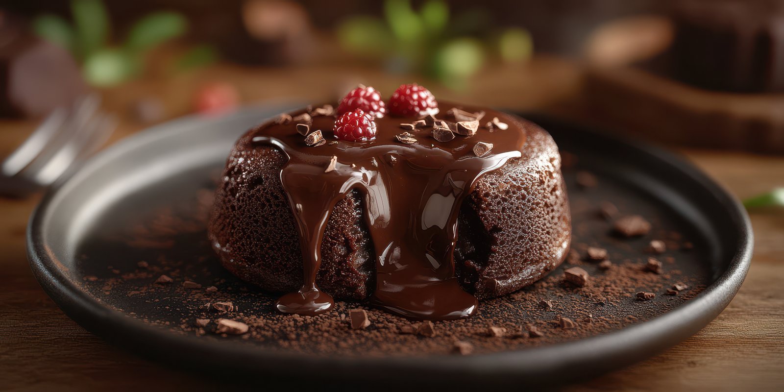 Decadent chocolate lava cake with raspberries and chocolate shavings presented on a rustic plate